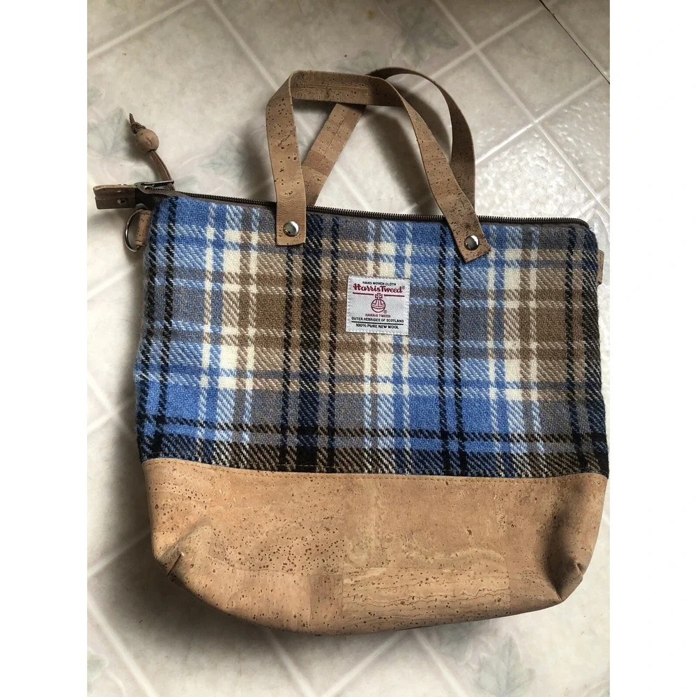 Harris Tweed 100% Pure Wool Scotland Blue Tan‎ Plaid  Wool Handbag Zip Closure